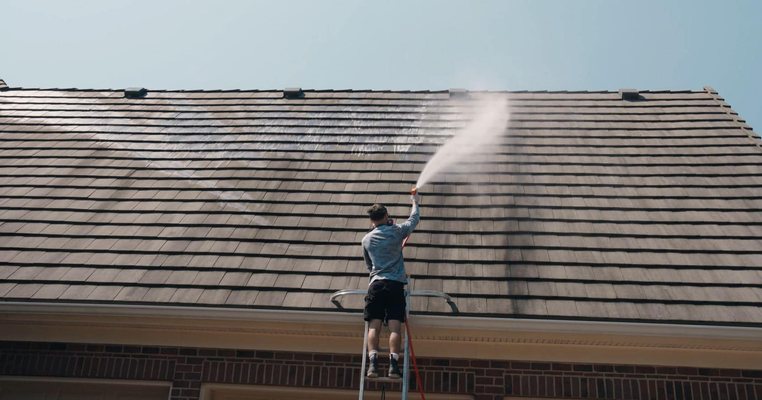 Soft wash solution applied to a roof from a ladder